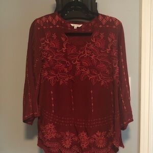 John Mark Burgundy Embroidered Blouse